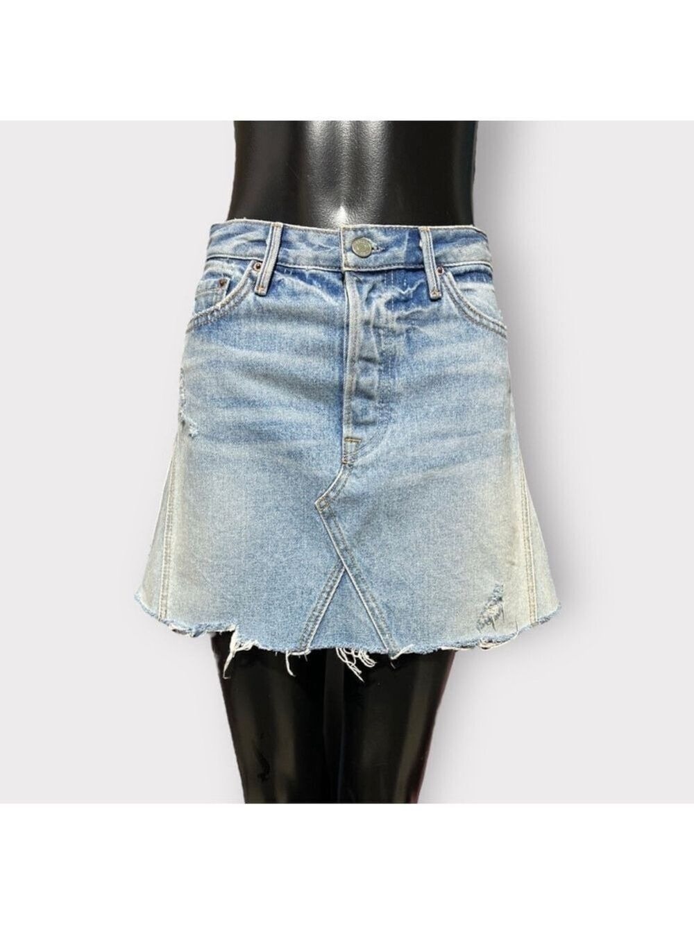 GRLFRND Eva Denim Mini Skirt Light Wash Raw Hem Button Fly Size 25
